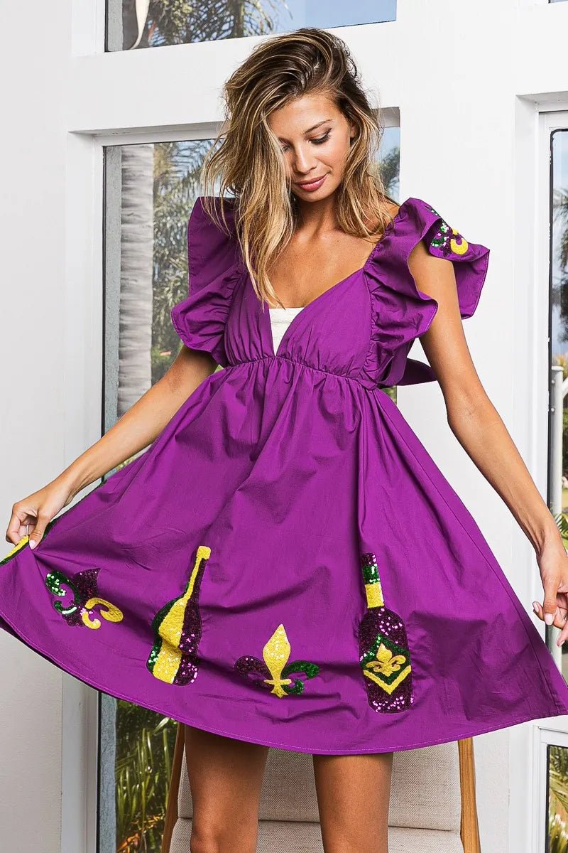 BiBi Mardi Gras Sequin Embroidery Ruffled Dress - JUST - JEN BOUTIQUE