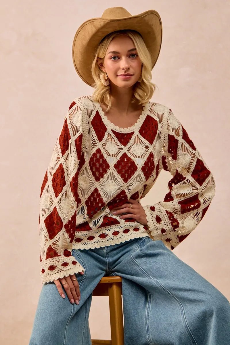BiBi Diamond Crochet Knit Top - JUST - JEN BOUTIQUE