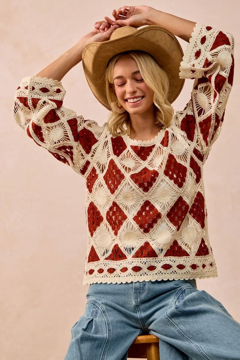 BiBi Diamond Crochet Knit Top - JUST - JEN BOUTIQUE