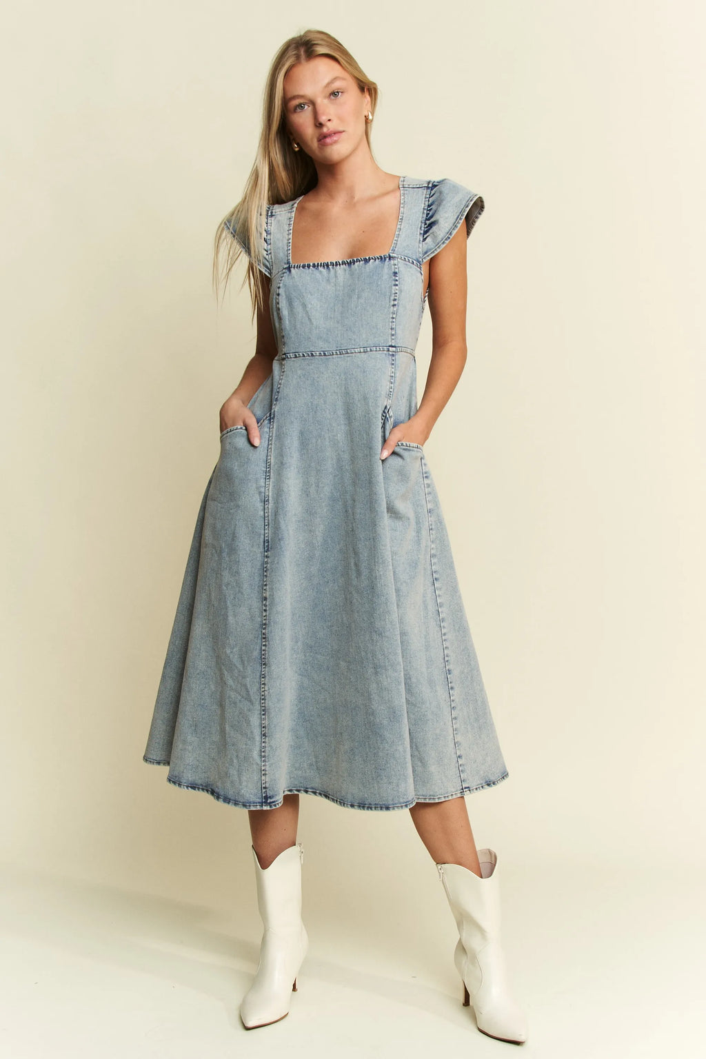 Jade By Jane Full Size Ruffled Denim Midi Dress Plus Size - JUST - JEN BOUTIQUE
