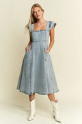 Jade By Jane Full Size Ruffled Denim Midi Dress Plus Size - JUST - JEN BOUTIQUE