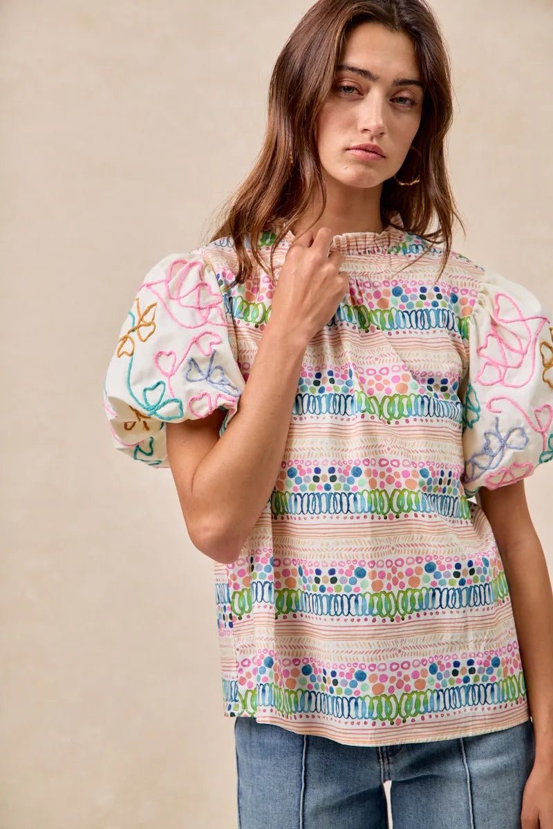 BiBi Ruffle Neckline Blouse With Embroidery Bubble Sleeve - JUST - JEN BOUTIQUE