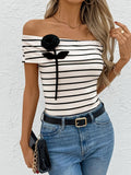 Perfee Striped Off - Shoulder Short Sleeve T-Shirt - JUST - JEN BOUTIQUE