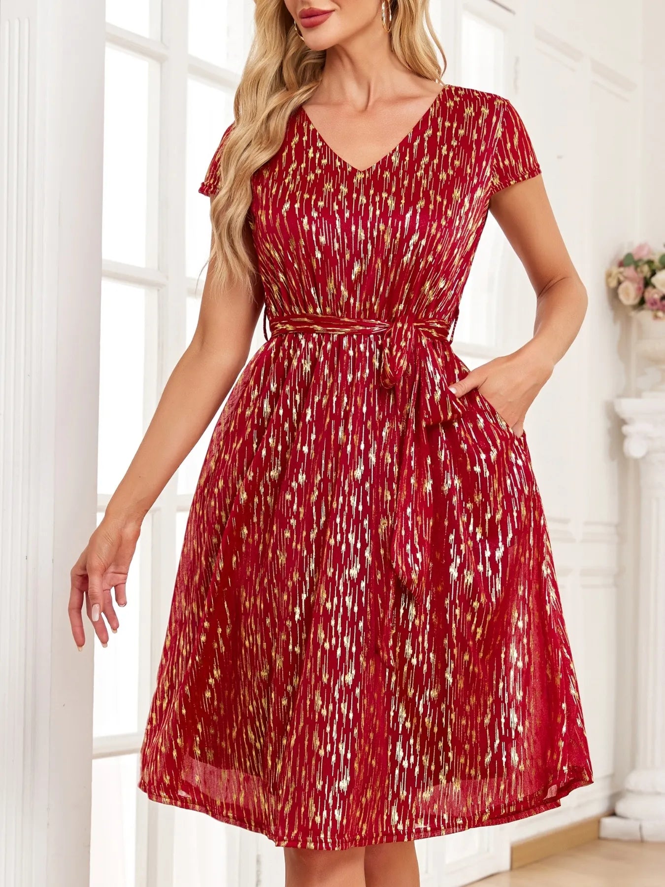 V - Neck Metallic Print Dress - JUST - JEN BOUTIQUE