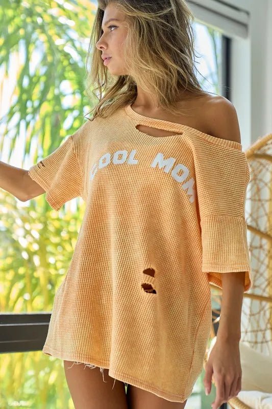BiBi Washed Laser Cut Detail Cool Mom Print Thermal Top - JUST - JEN BOUTIQUE