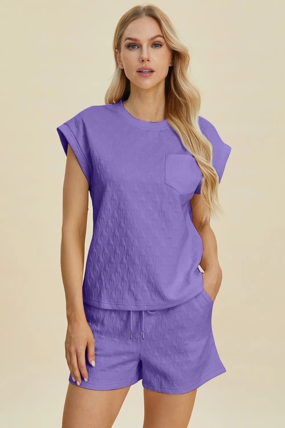 Double Take Full Size Pocketed Texture Round Neck Top and Shorts Set - JUST - JEN BOUTIQUE