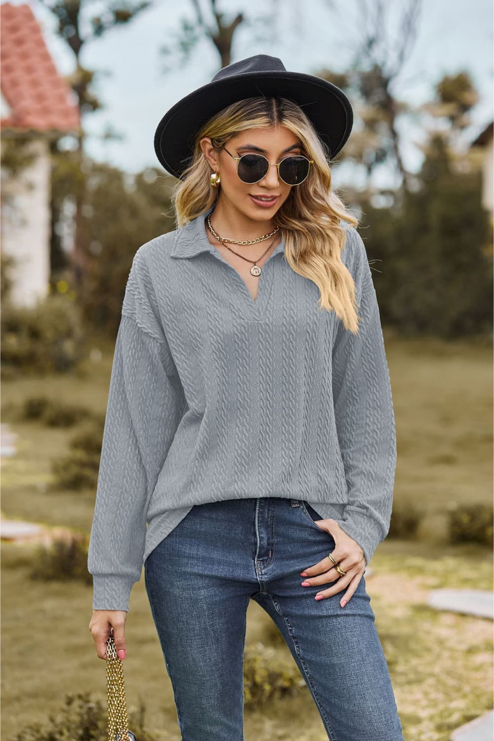 Collared Neck Cable - Knit Long Sleeve Blouse - JUST - JEN BOUTIQUE