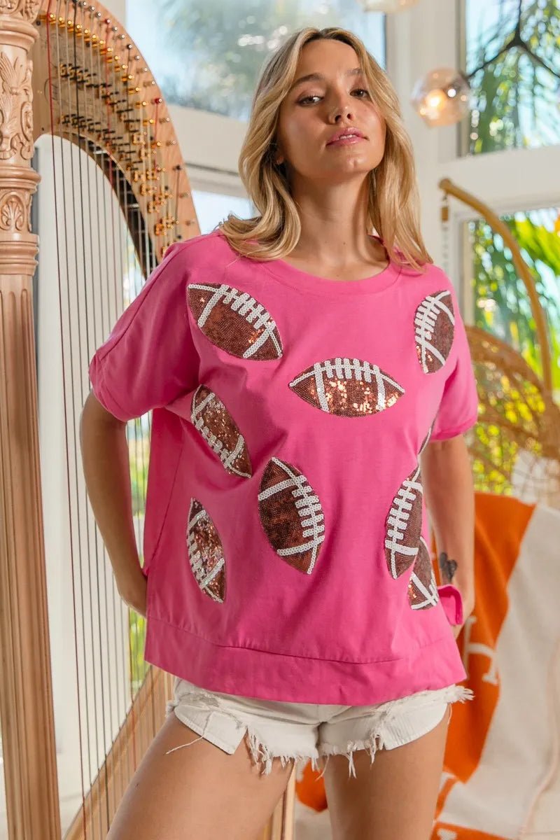 BiBi Game Day Sequins Patched Half Sleeves Top - JUST - JEN BOUTIQUE