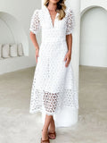 Eyelet Lace V - Neck Midi Dress with Puff Sleeves - JUST - JEN BOUTIQUE