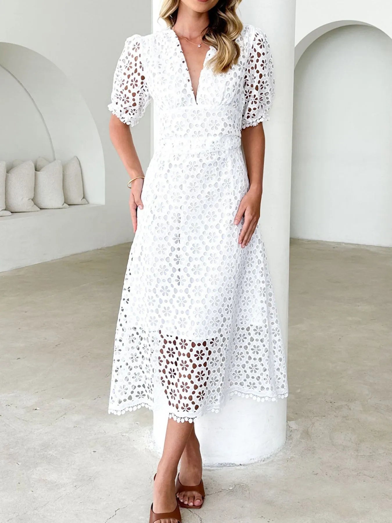Eyelet Lace V - Neck Midi Dress with Puff Sleeves - JUST - JEN BOUTIQUE