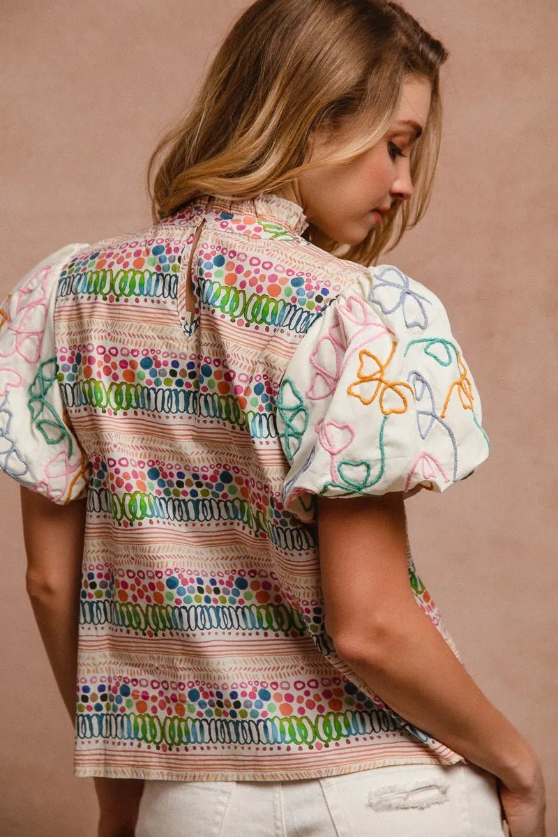 BiBi Ruffle Neckline Blouse With Embroidery Bubble Sleeve - JUST - JEN BOUTIQUE