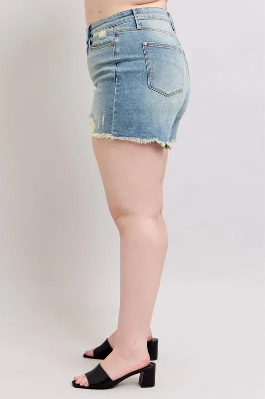 Judy Blue Full Size High Rise Washed Fly Stitch Detail and Destroy Denim Shorts Plus Size - JUST - JEN BOUTIQUE