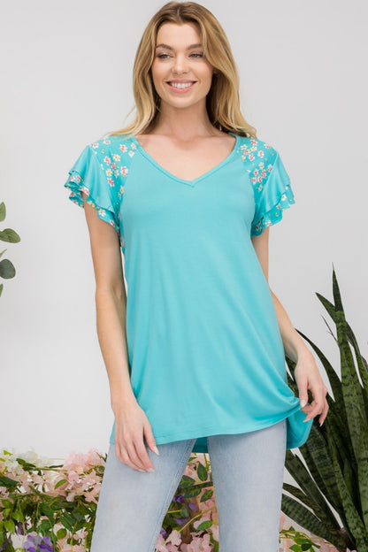 Celeste Full Size Floral Contrast Short Sleeve Top