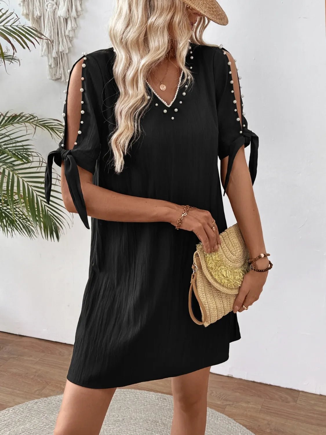 Cutout Pearl Detail V - Neck Mini Dress - JUST - JEN BOUTIQUE