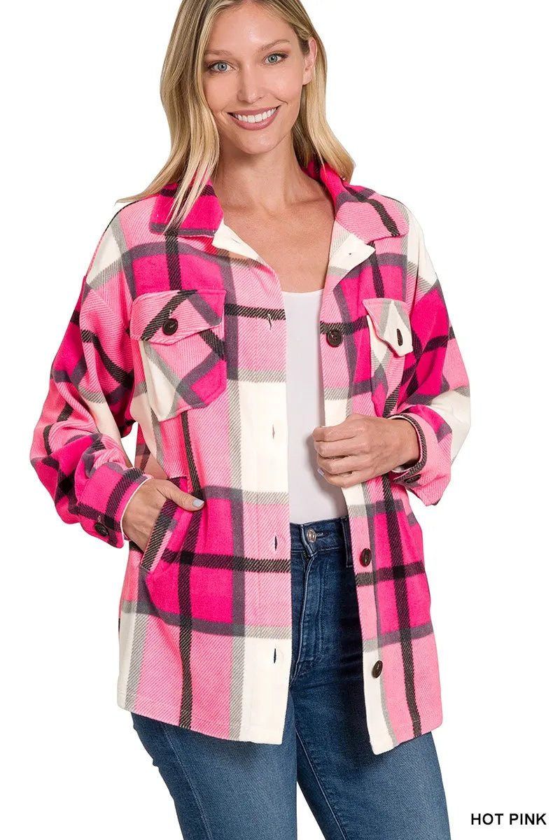 Zenana Oversized Plaid Fleece Shacket - JUST - JEN BOUTIQUE