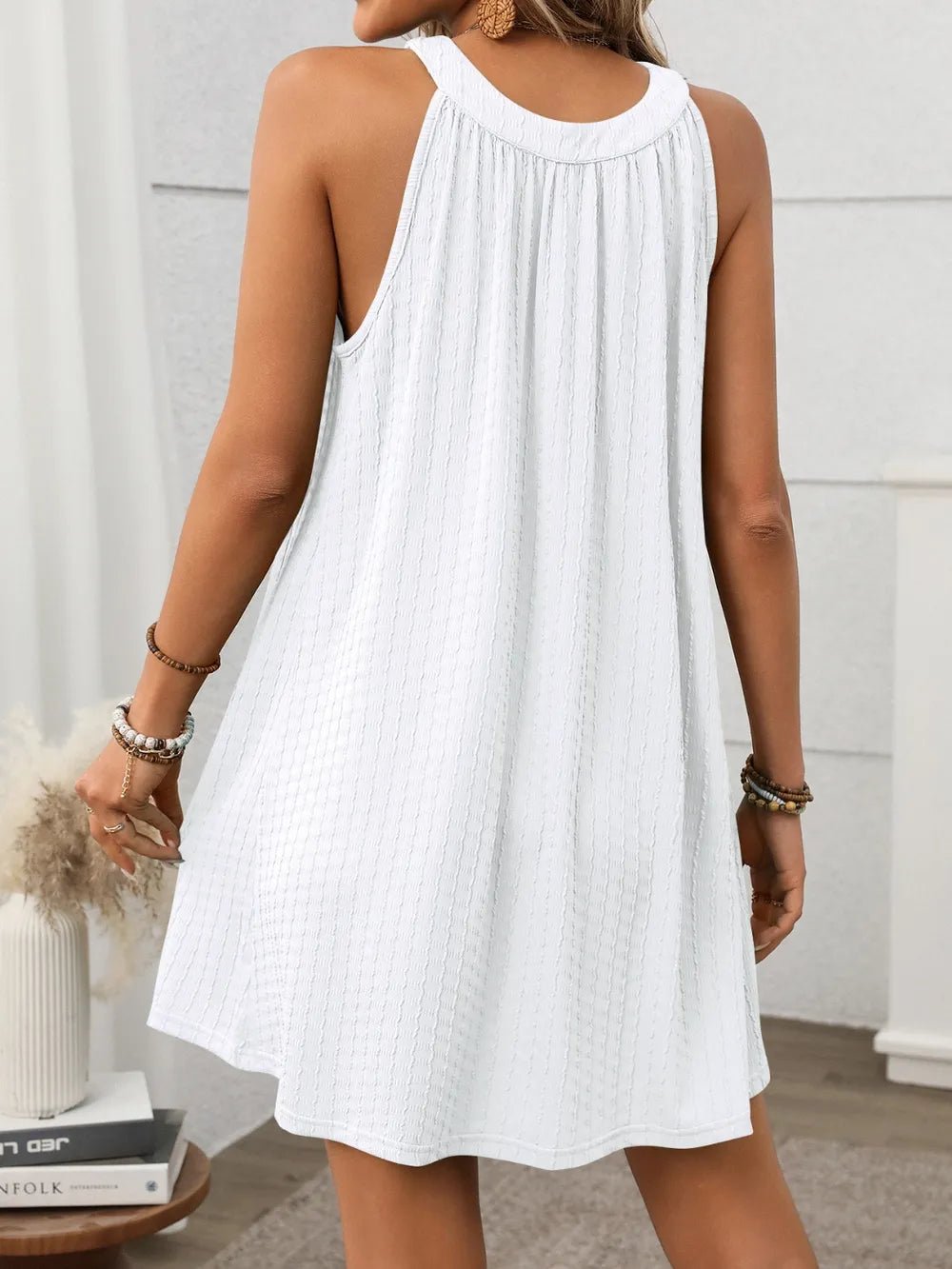 Textured Grecian Neck Mini Dress - JUST - JEN BOUTIQUE