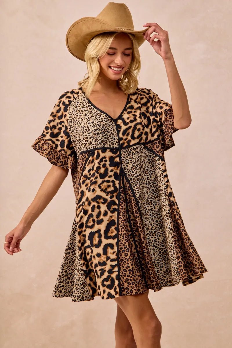 BiBi Leopard Prints Mix and Match Short Sleeves Dress - JUST - JEN BOUTIQUE