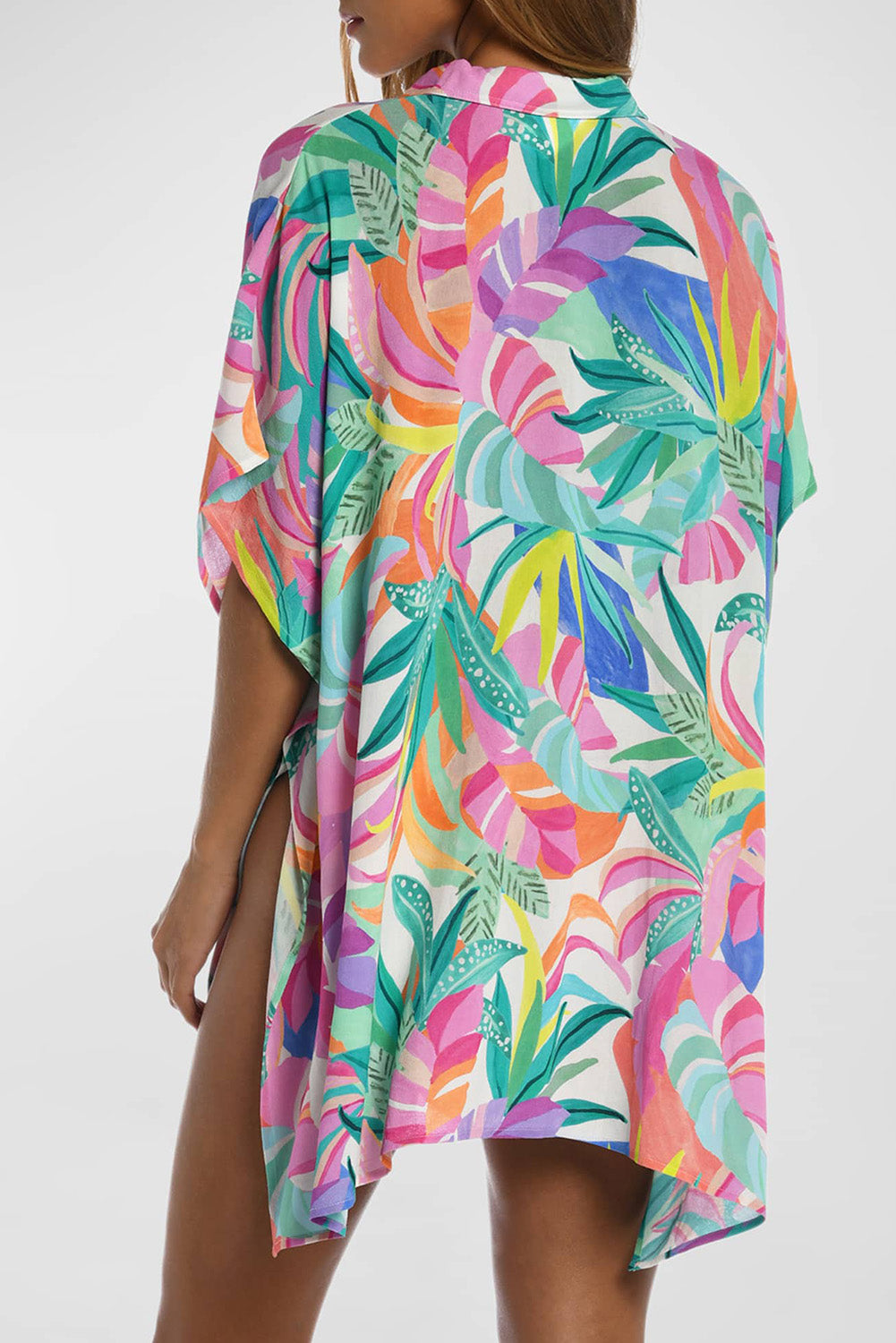 Multicolor Plant Print Button-up Half Sleeve Beach Cover Up