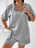 Full Size Drawstring Half Zip Hooded Top and Shorts Set Plus Size - JUST - JEN BOUTIQUE