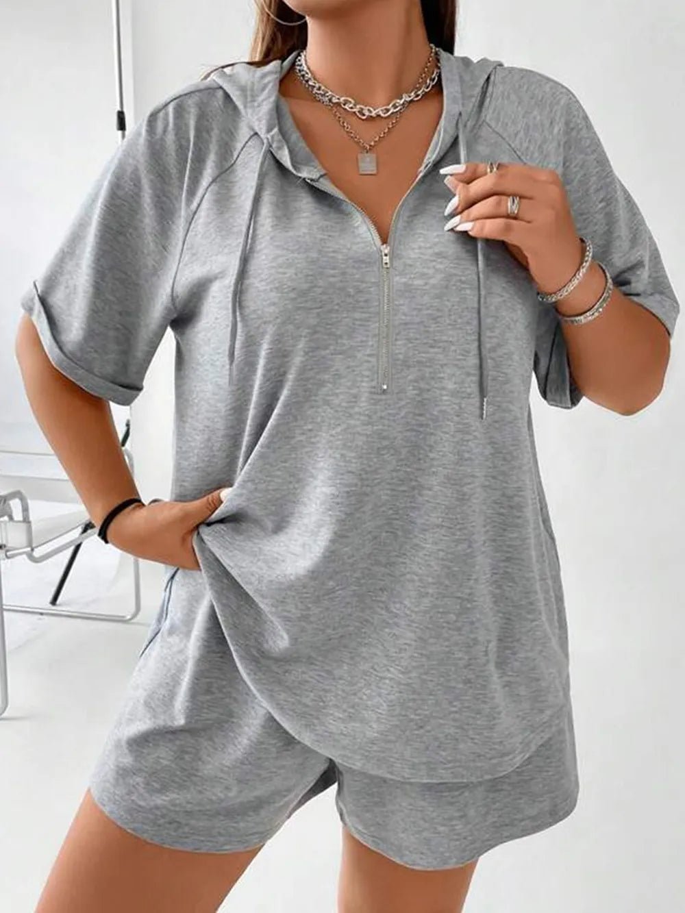 Full Size Drawstring Half Zip Hooded Top and Shorts Set Plus Size - JUST - JEN BOUTIQUE