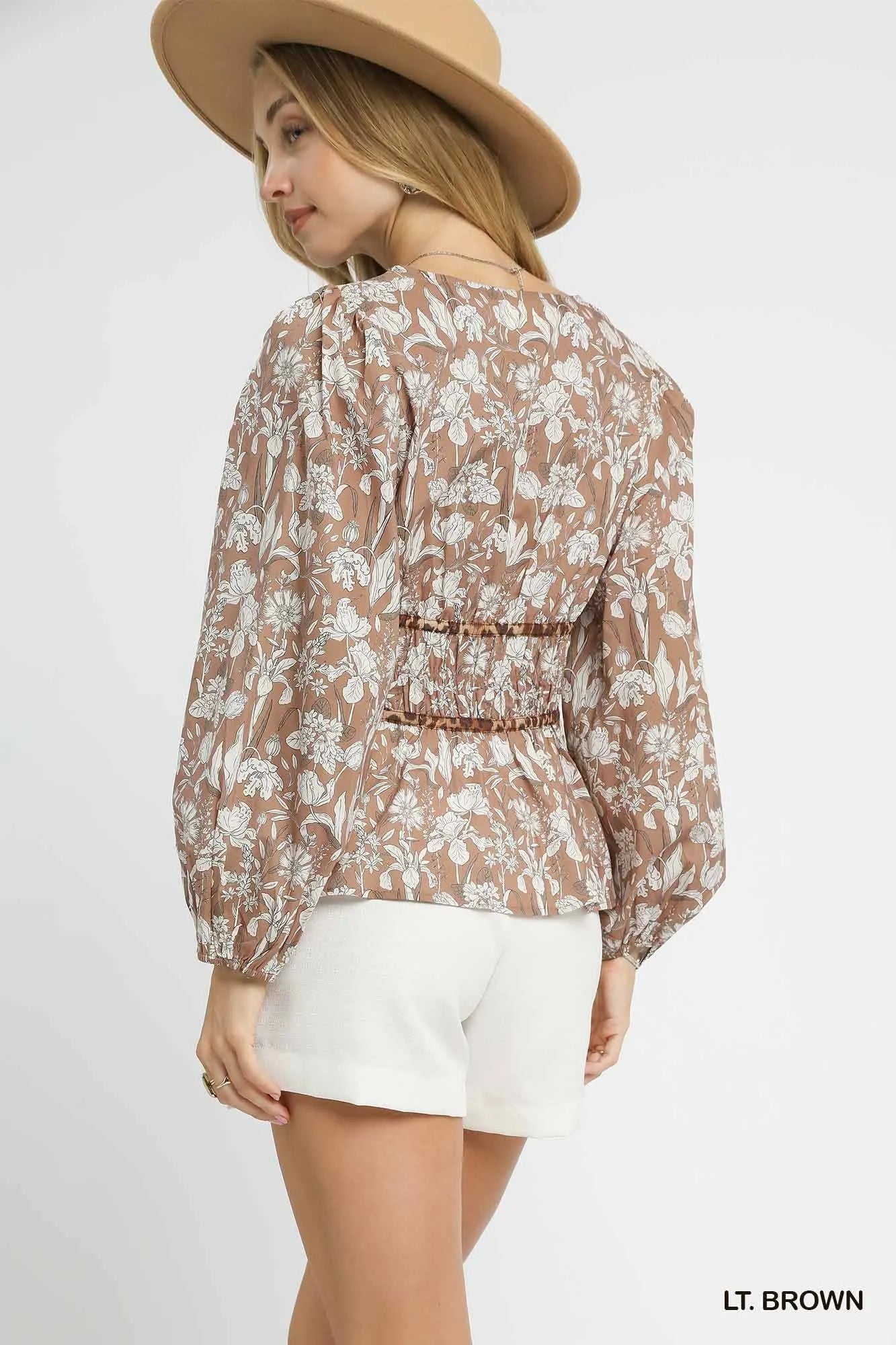 Umgee Floral Smocked Peplum Blouse with Tie Detail - JUST - JEN BOUTIQUE