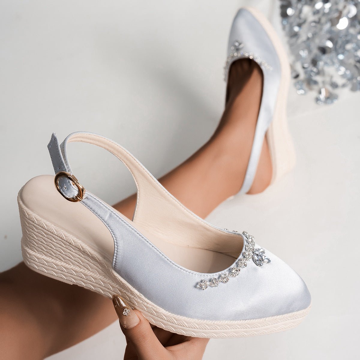 Rhinestone Point Toe Wedge Slingback Sandals - JUST - JEN BOUTIQUE