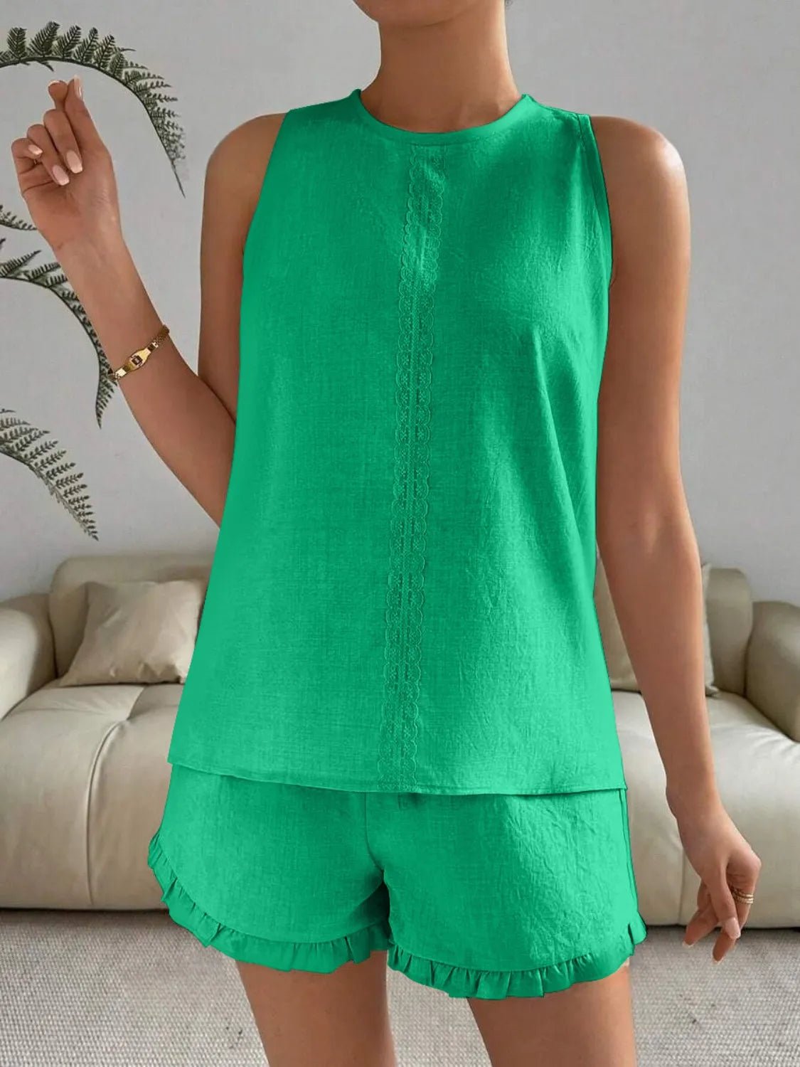 Lace Detail Round Neck Tank and Shorts Set - JUST - JEN BOUTIQUE