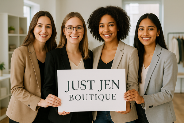 Company picture of smart ladies in their mid twenties like a team for my company found section make it where they are holding up a sign that says Just Jen Boutique