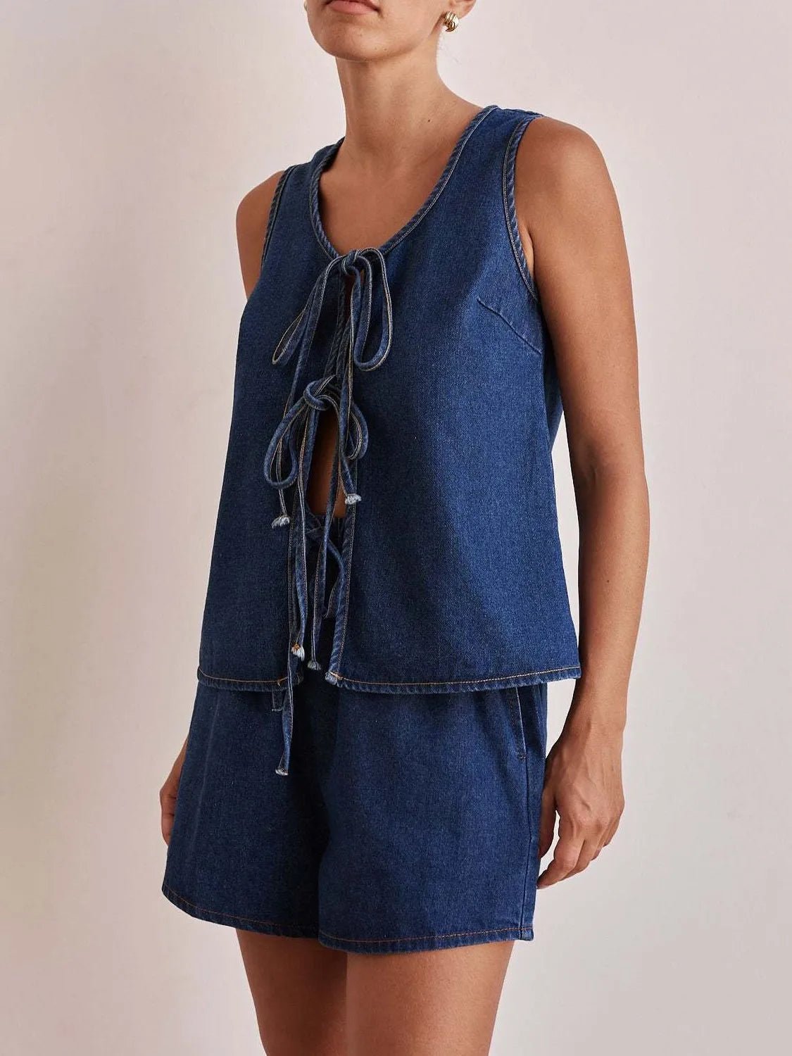 Tie Front Vest and Shorts Denim Set - JUST - JEN BOUTIQUE