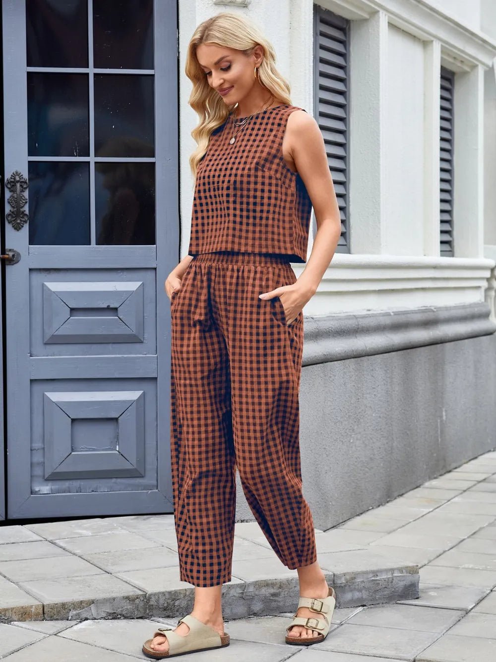 Plaid Sleeveless Top and Pants Set - JUST - JEN BOUTIQUE