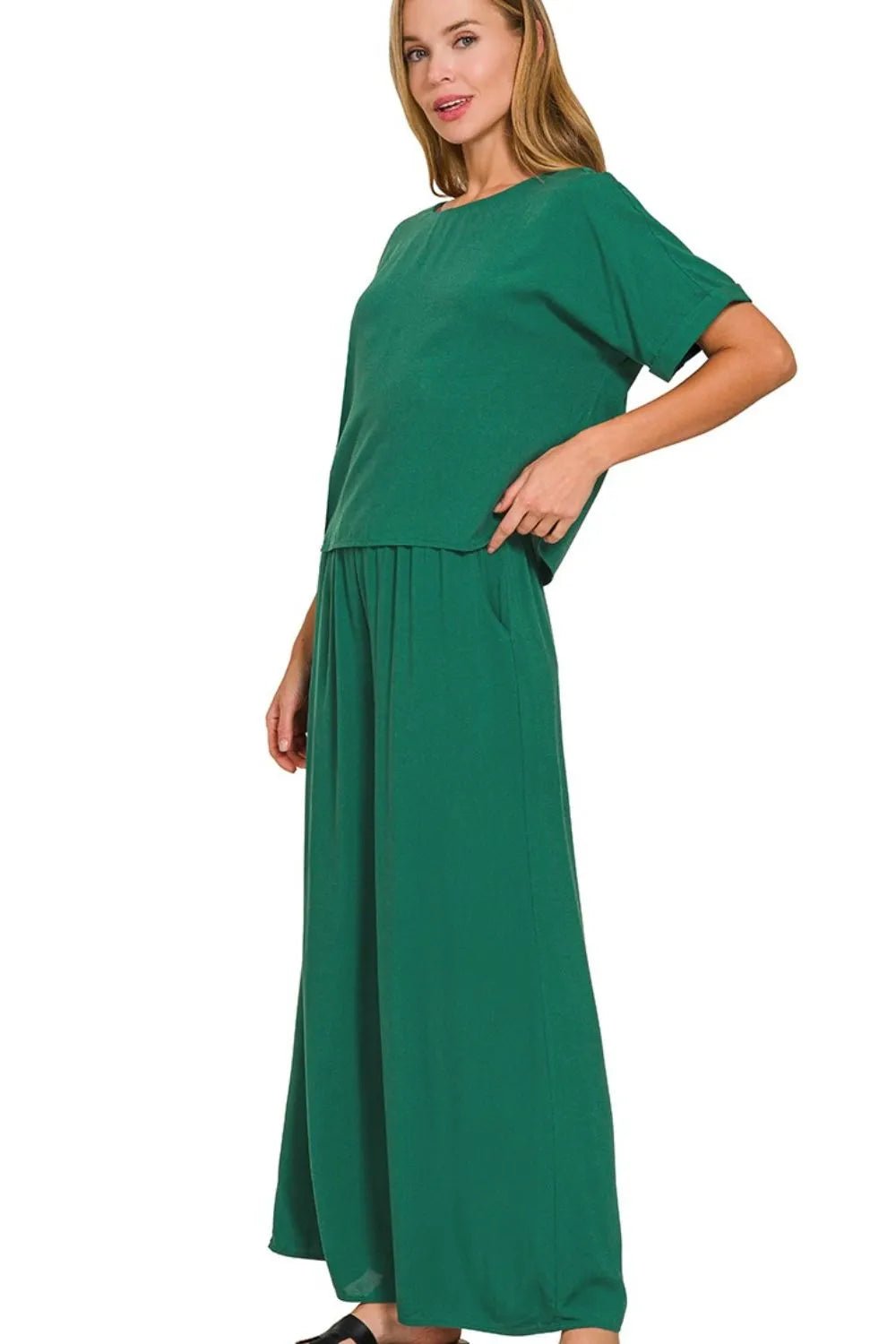 Zenana Round Neck T-Shirt and Wide Leg Pants Set - JUST - JEN BOUTIQUE