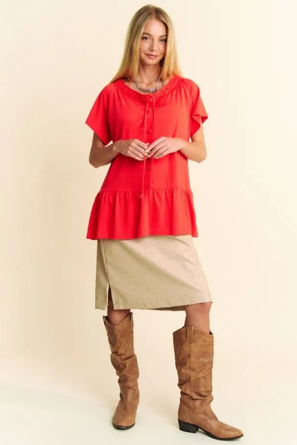 Davi & Dani Solid Lace Trim Neck Short Sleeve Peplum Top - JUST - JEN BOUTIQUE