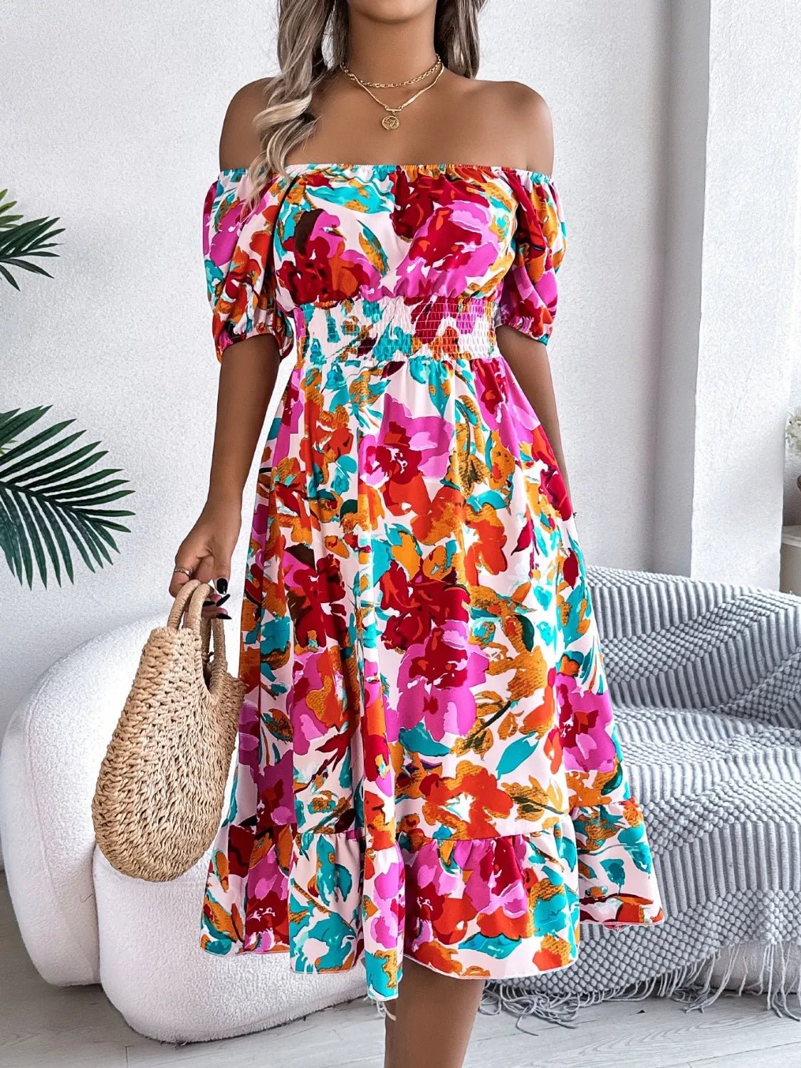 Ruffled Hem Smocked Floral Short Sleeve Midi Dress - JUST - JEN BOUTIQUE