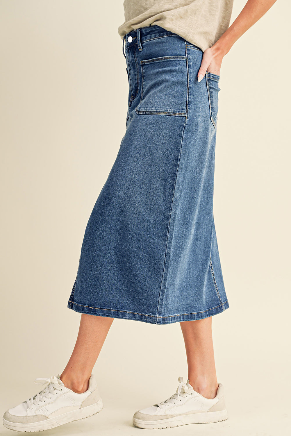 Sky Blue 4 Patch Pockets Front Slit Midi Denim Skirt