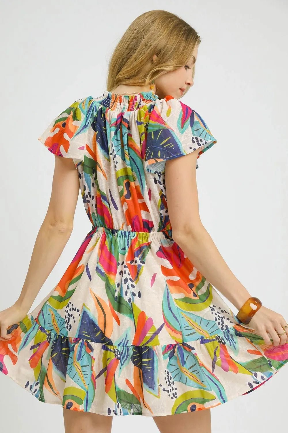 Umgee Printed Tie Neck Ruffled Hem Dress - JUST - JEN BOUTIQUE