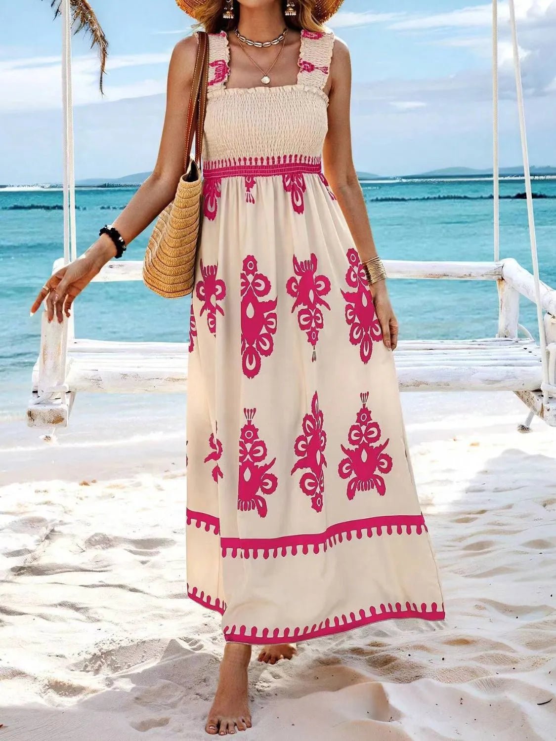 Smocked Printed Wide Strap Maxi Dress - JUST - JEN BOUTIQUE