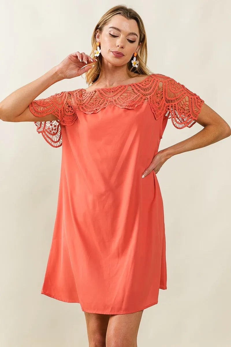 BiBi Crochet Lace Yoke Detailed Wrinkled Dress - JUST - JEN BOUTIQUE
