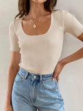 Ribbed Square Neck Short Sleeve Knit Top - JUST - JEN BOUTIQUE