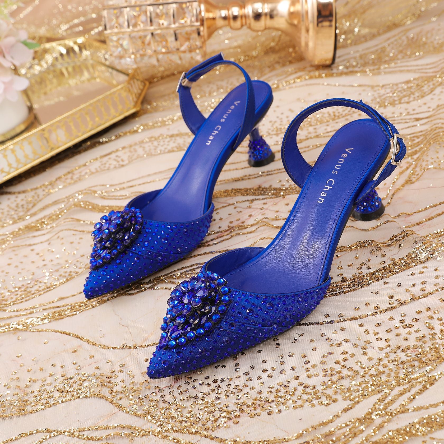 Rhinestone Point Toe Flare Heel Slingback Pumps - JUST - JEN BOUTIQUE
