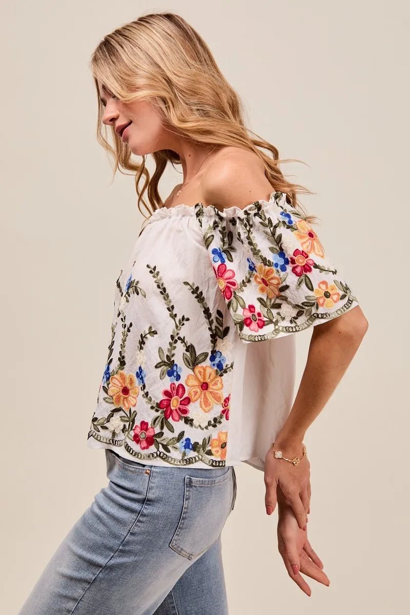 SO ME Floral Embroidered Two Way Off The Shoulder Blouse - JUST - JEN BOUTIQUE