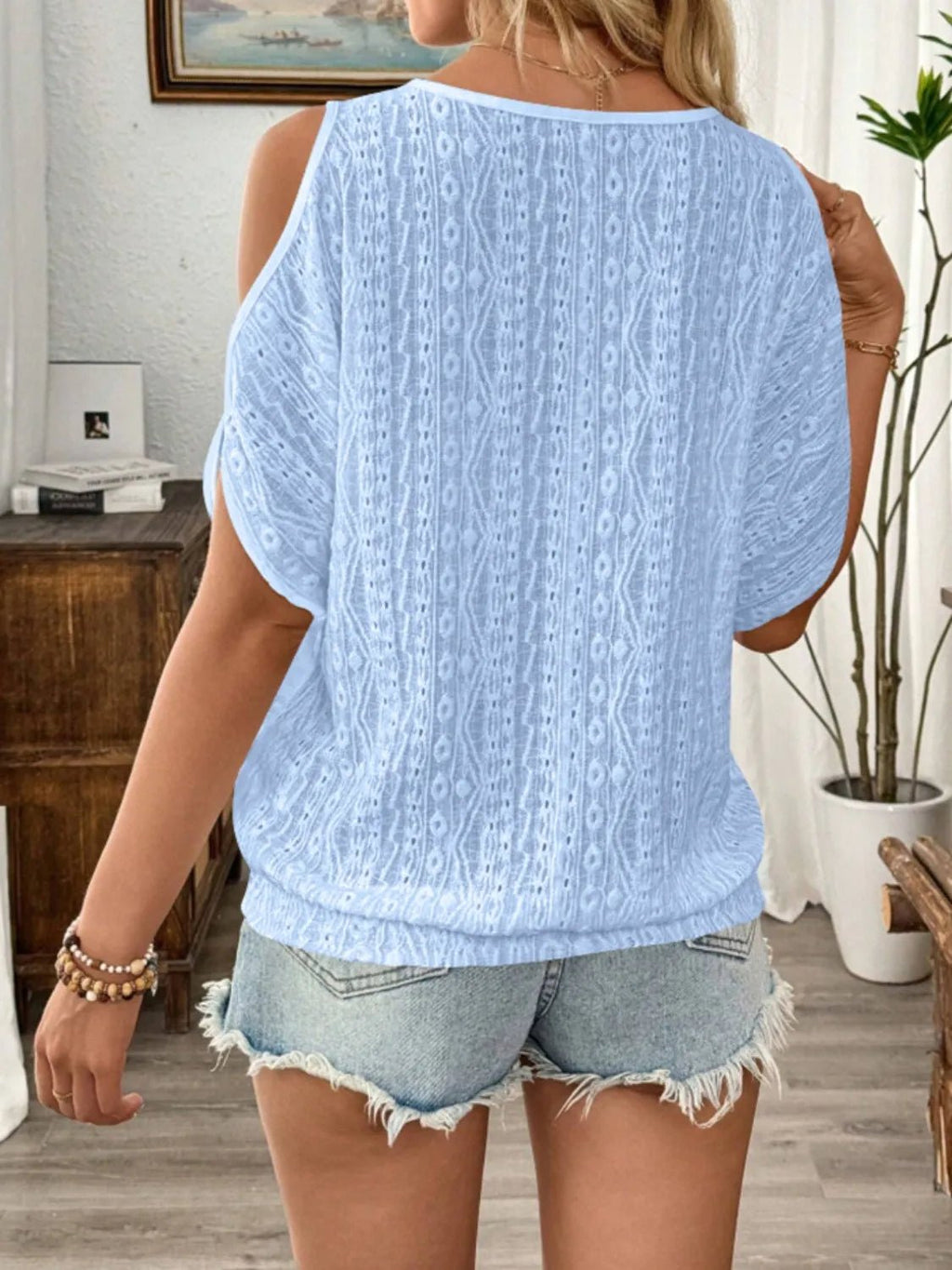 Eyelet Cold Shoulder Round Neck Blouse - JUST - JEN BOUTIQUE