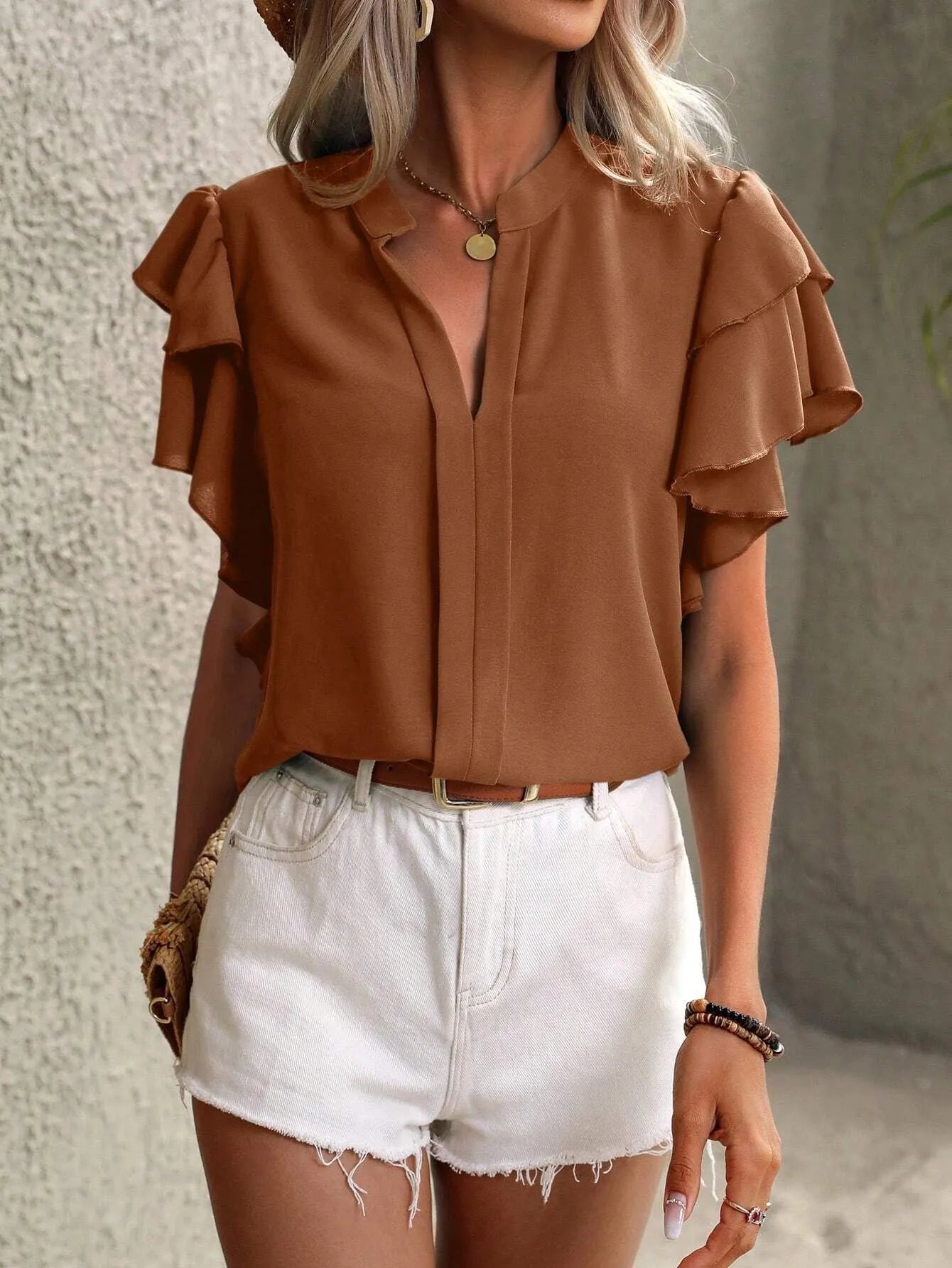 Ruffle Sleeve Notched Blouse - JUST - JEN BOUTIQUE