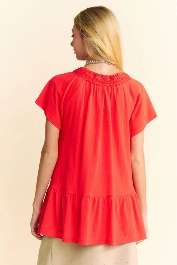 Davi & Dani Solid Lace Trim Neck Short Sleeve Peplum Top - JUST - JEN BOUTIQUE