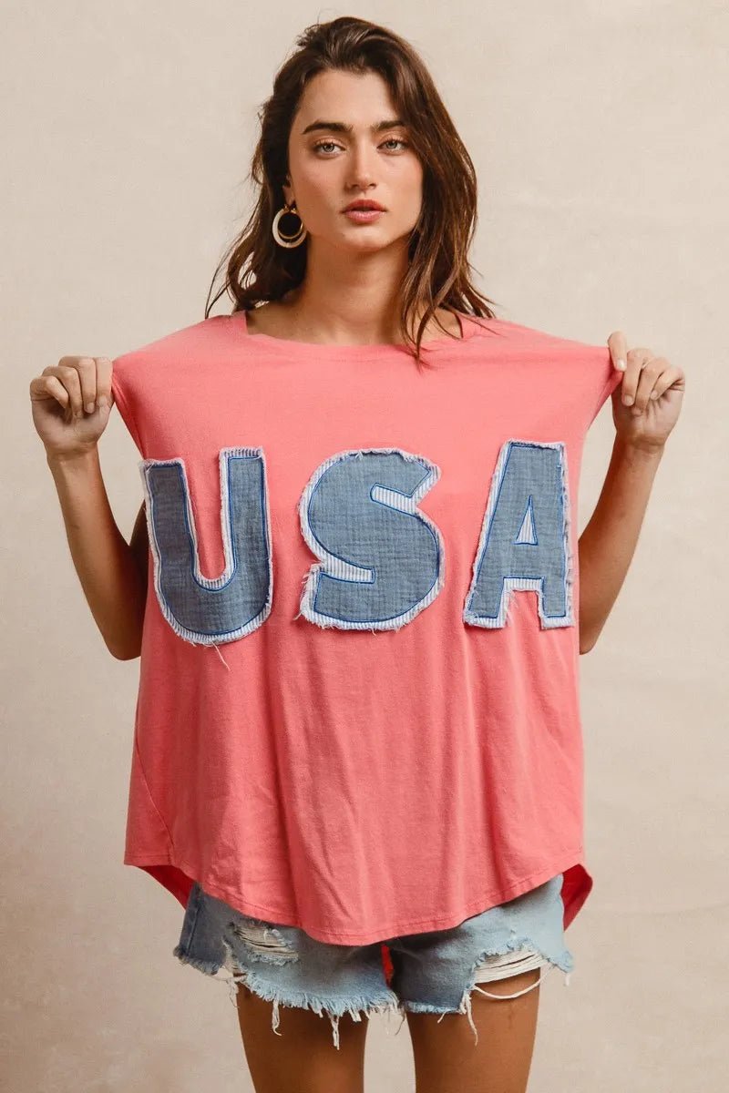 BiBi Washed Jersey With Usa Patched Raw Cut Edge Detail - JUST - JEN BOUTIQUE