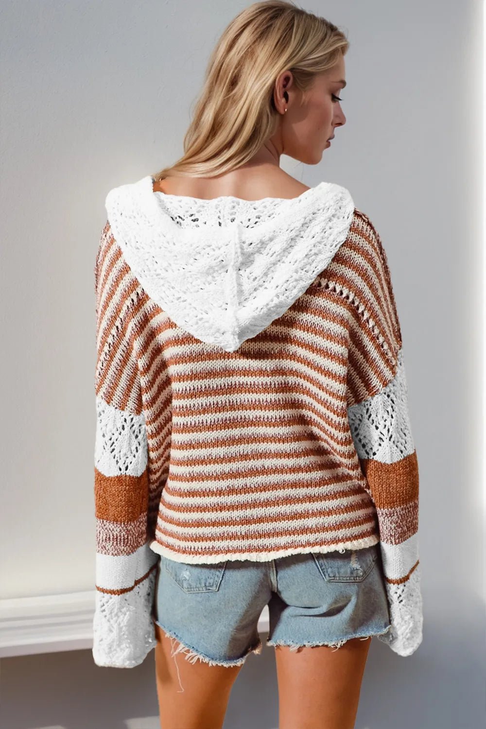 Double Take Full Size Openwork Contrast Long Sleeve Hooded Sweater - JUST - JEN BOUTIQUE