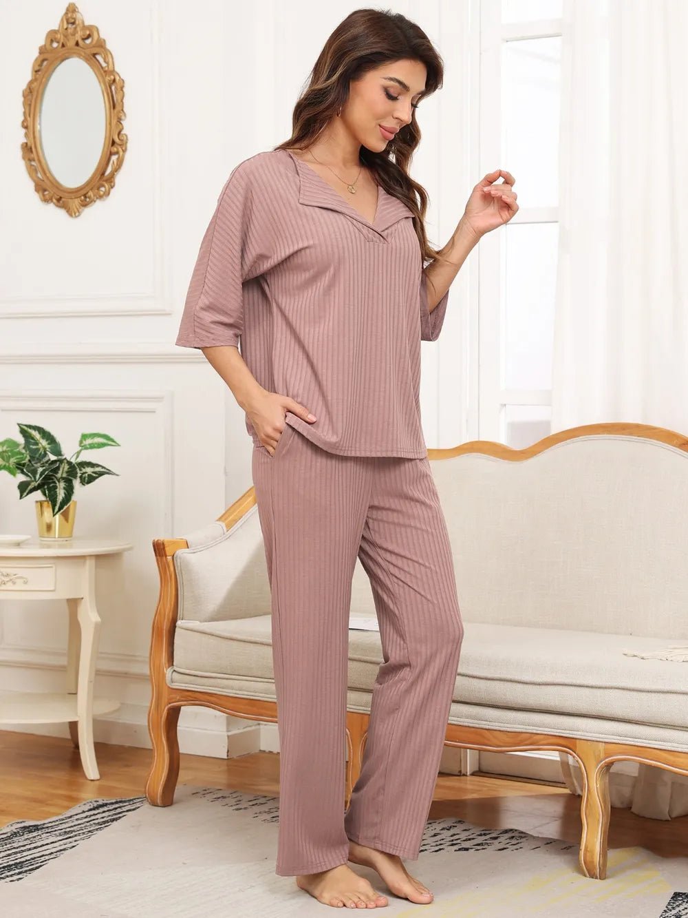 Ribbed Half Sleeve Top and Pocketed Pants Set - JUST - JEN BOUTIQUE