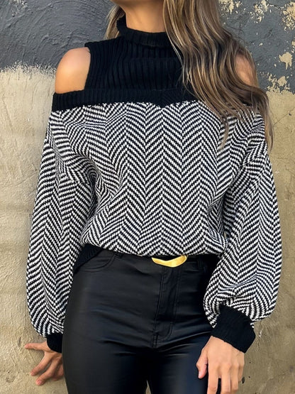 Perfee Mock Neck Cold Shoulder Sweater