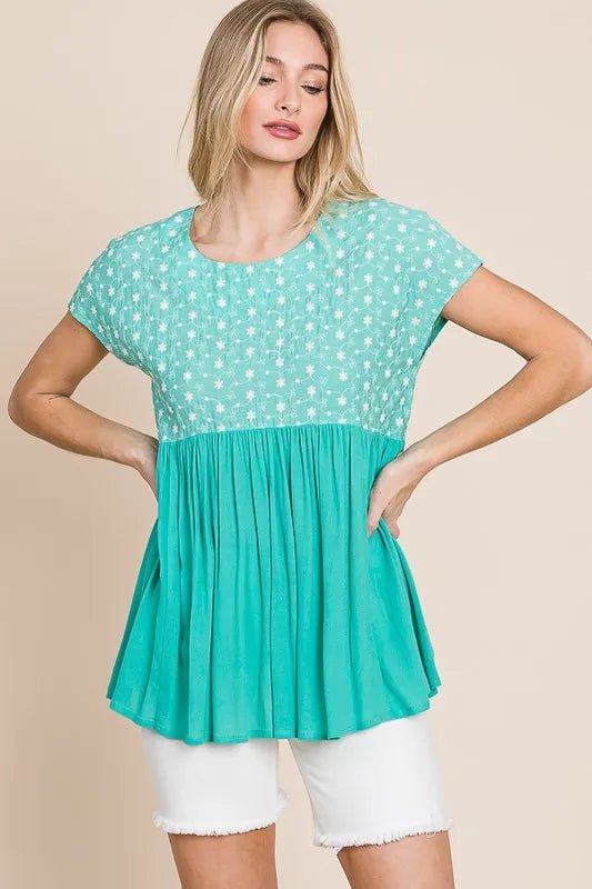 Lime 'N' Chili Full Size Embroidered Short Sleeve Pleated Babydoll Top Plus Size - JUST - JEN BOUTIQUE
