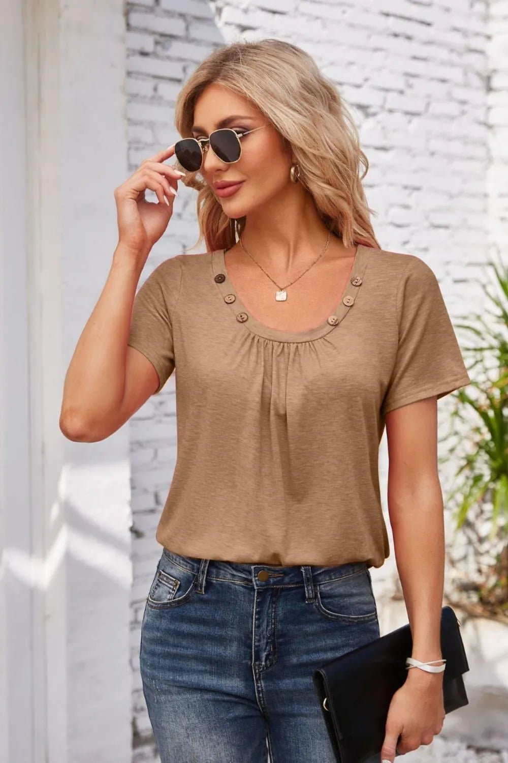 Decorative Button Scoop Neck T-Shirt - JUST - JEN BOUTIQUE