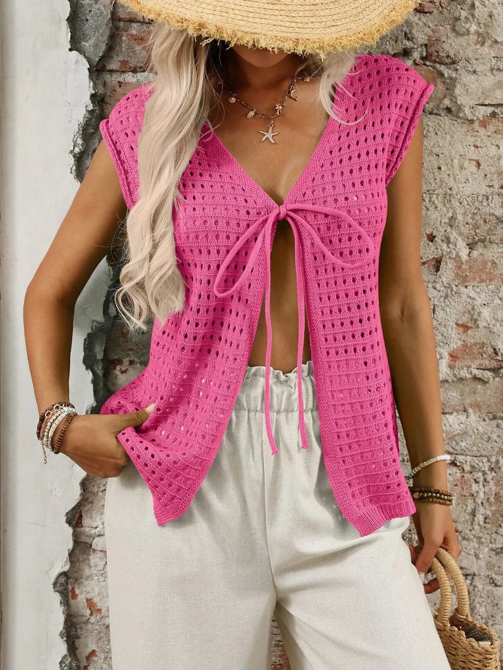 Tied Front Openwork V - Neck Knit Top - JUST - JEN BOUTIQUE